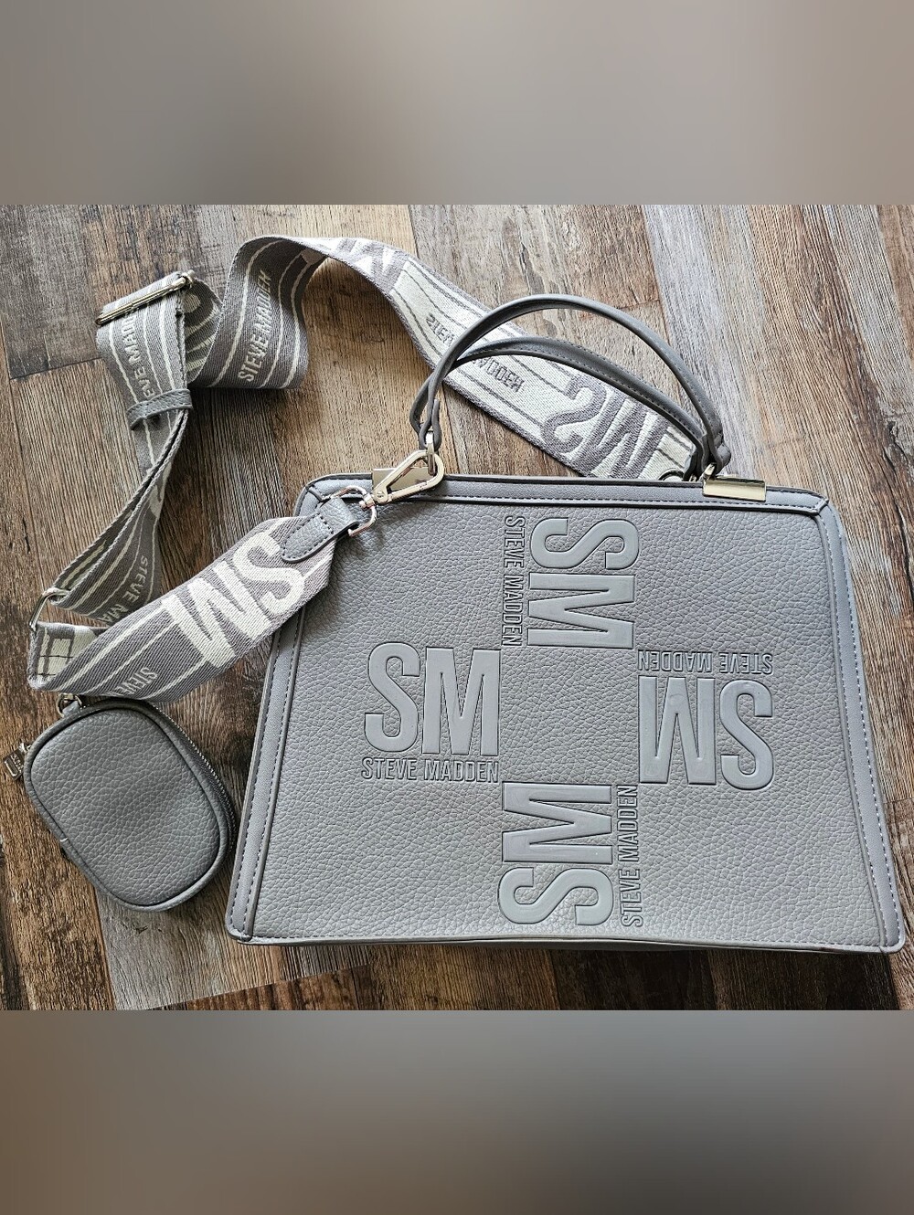 Steve Madden Gray Embossed SM Logo Crossbody Satchel